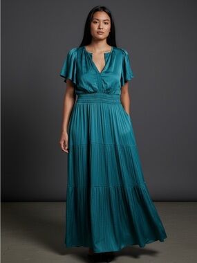 Anthropologie Teal Flutter-Sleeve Maxi Dress